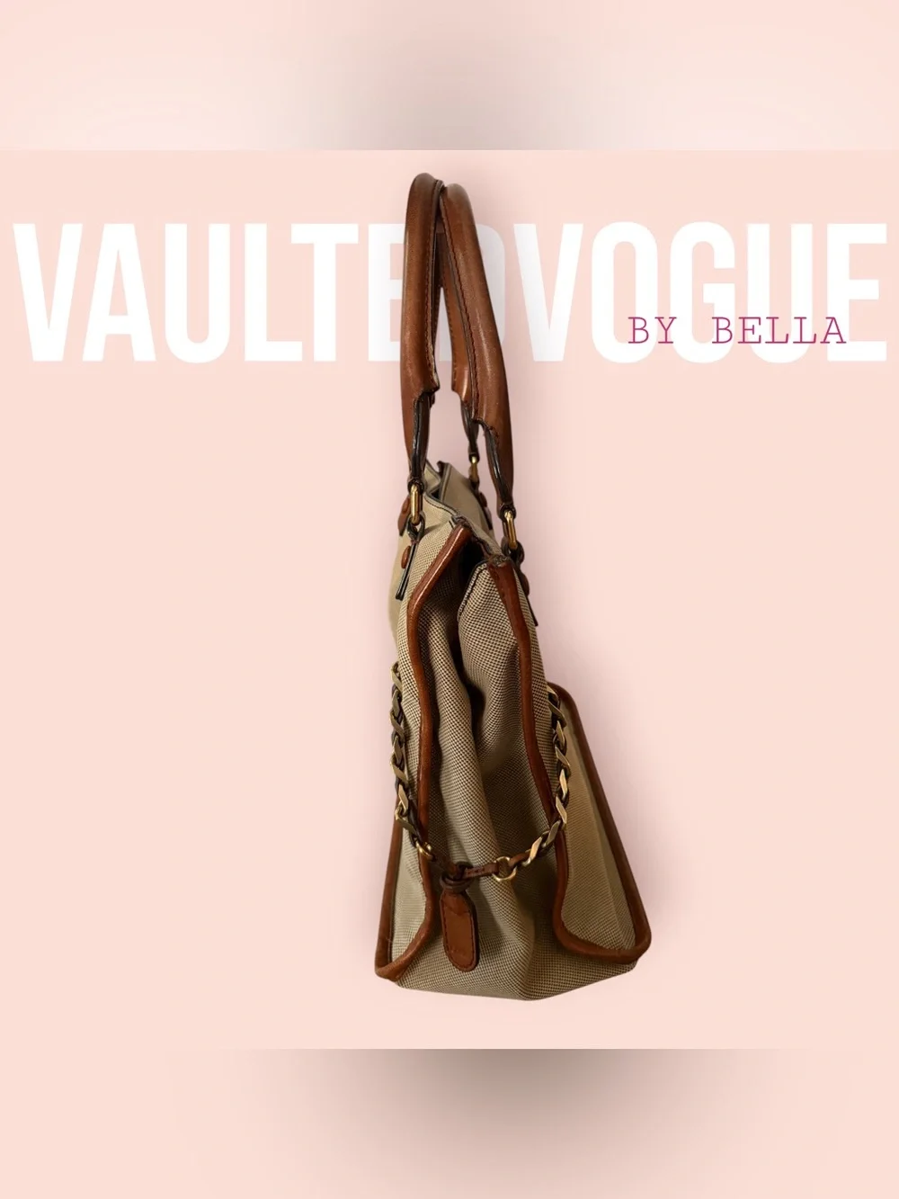Chloé Beige Canvas Tote with Tan Leather Trim and Gold Hardware